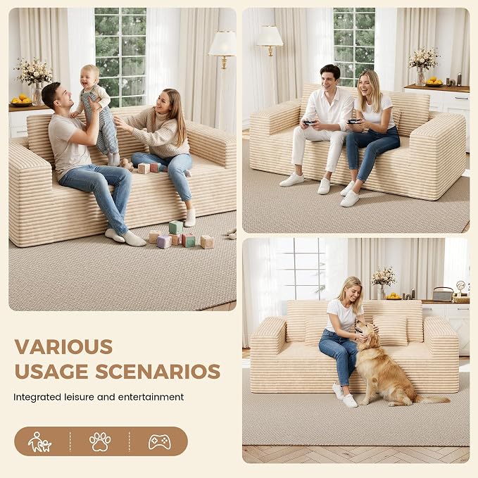 Luxanimarion 80'' Modern Cloud Loveseat Sofa, No Assembly Required Deep Seat Comfy Small Couches Includes 2 pcs Pillows for Living Room, Bedroom, Apartment(Khaki)