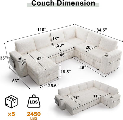 Vipbear Premium 111" Modular Sectional Sleeper Sofa, 7 Seat Sleeper Sofa with Pull Out Bed, L Shaped Couch with Storage Chaise|USB Ports|Cup Holders|Storage Armrests|Side Table, White
