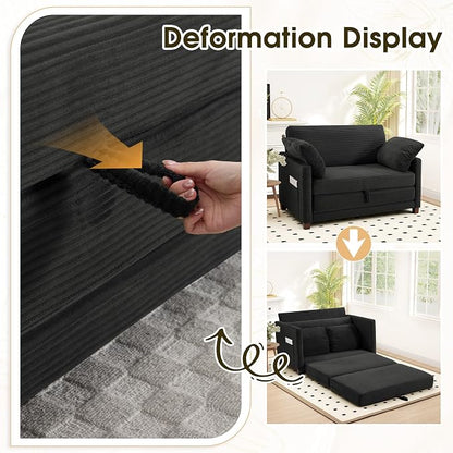 Myroyalsit 51" Convertible Loveseat Sofa Bed, 2-in-1 Folding Sofa Bed with 2 Pillow for Small Spaces, Modern Loveseat Sleeper Couch for Apartment, Living Room & Guest Room (Black Corduroy, 51 inch)