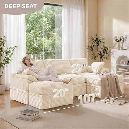 107" Modular U-Shaped Sectional Sofa with Storage, 3-Seat Corduroy Boneless Couch, 27" Deep Seat Cloud Couch & 2 Movable Ottoman, Tool-Free Assembly, Couch for Living Room, Beige