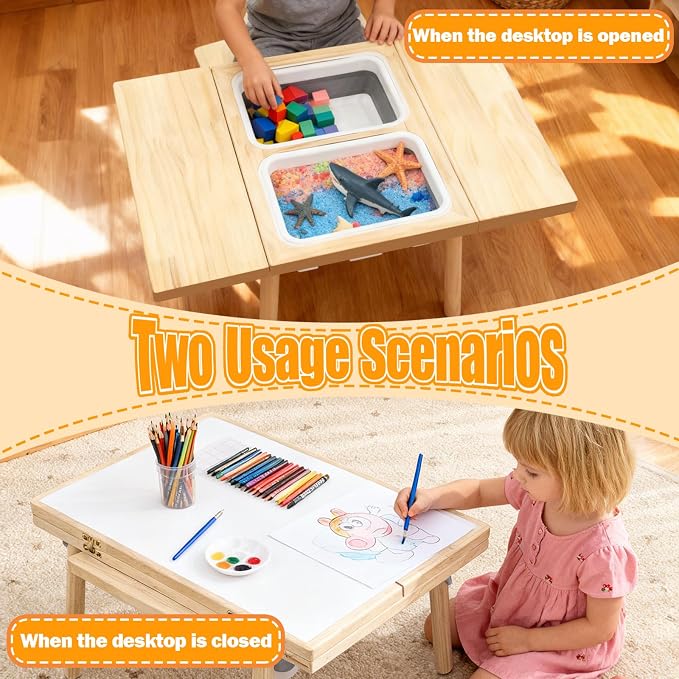 Large Solid Pine Wood Table with Flip Top, Activity Table with 2 Storage Bins & Double-Sided Board, Indoor/Outdoor Play Sand and Water, Multi-Functional Desk for Drawing Studying Dining