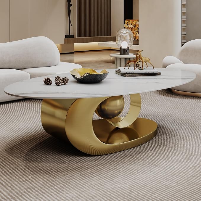 Modern Oval Stone Coffee Table with Gold Metal Base - Scratch-Resistant Rock Slab Top, Aviation-Grade Design - Stylish & Durable Centerpiece for Living Rooms (49.2"x27.6"x15.8").