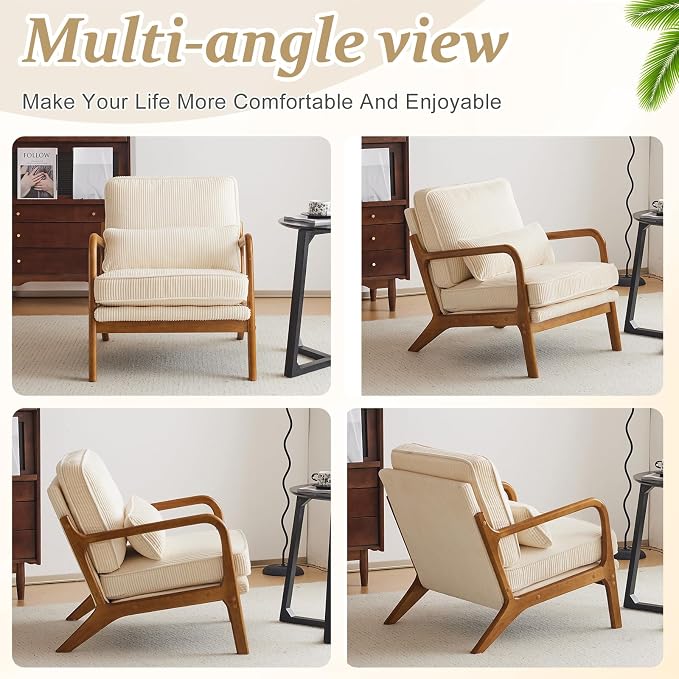 VINGLI Upgraded Premium Corduroy Accent Chair,Upholstered Arm Chair,Solid Wood Comfy Reading Chair with Lumbar Pillow, Mid Century Modern Chairs for Living Room,Bedroom,Guest Room,Beige