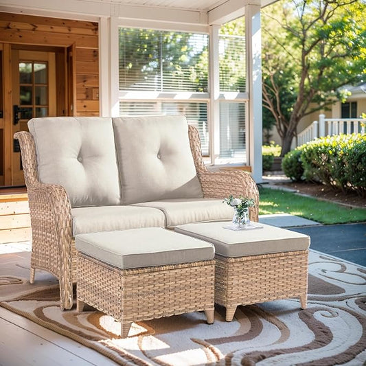 Outdoor Loveseat Sofa - 3 Piece Patio Furniture with Ottoman Deep Seating Patio Couch for Porch Deck Garden Backyard - Yellow/Beige