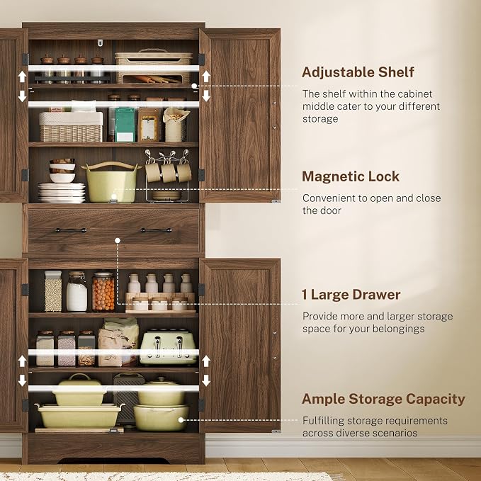 TEENFON Tall Storage Cabinet with 2 Adjustable Shelves & 1 Large Drawer, Kitchen Pantry Cabinet with 4 Doors, Bathroom Storage Cabinets, for Living Room, Kitchen, Bathroom, Walnut