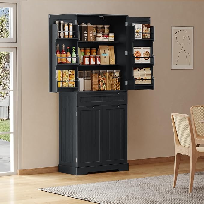 Gizoon 70" Tall Kitchen Pantry Cabinet with Doors and Adjustable Shelves, 5-Tier Multipurpose Pantry Storage Cabinet with Drawer Freestanding Organizer for Small Kitchen Bathroom Laundry Room, Black