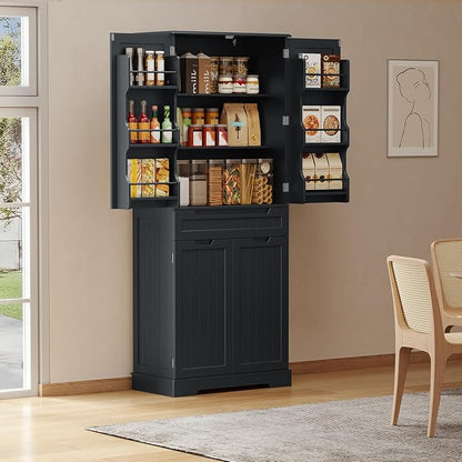 Gizoon 70" Tall Kitchen Pantry Cabinet with Doors and Adjustable Shelves, 5-Tier Multipurpose Pantry Storage Cabinet with Drawer Freestanding Organizer for Small Kitchen Bathroom Laundry Room, Black