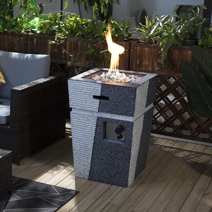 20" Propane Gas Fire Pit Table, 40000 BTU Square Concrete Outdoor Fire Pit with Glass Rocks & Rain Cover, Patio Fire Table for Backyard Deck Garden, Light Grey Blue