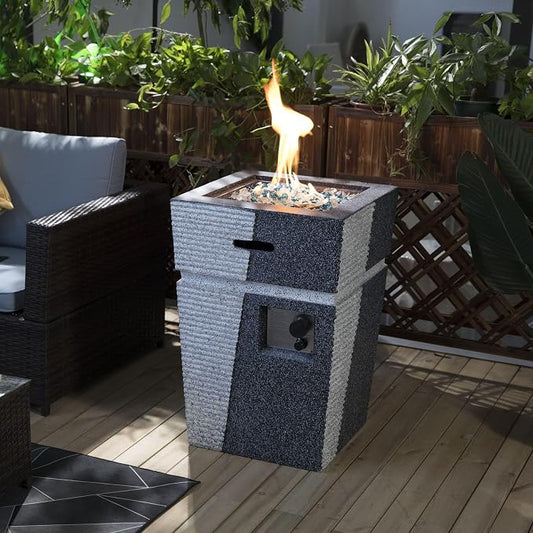 20" Propane Gas Fire Pit Table, 40000 BTU Square Concrete Outdoor Fire Pit with Glass Rocks & Rain Cover, Patio Fire Table for Backyard Deck Garden, Light Grey Blue