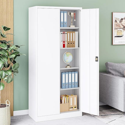 Metal Cabinet,71" Lockable Storage Cabinet with 2 Doors and 5 Adjustable Shelves,Tall Steel Cabinets for Garage,Home Office,Basement,School,Hospital(White)