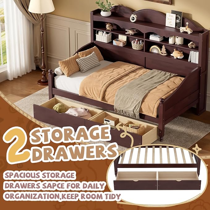 Merax Twin Daybed with Storage Drawers, Wood Twin Day Bed with 3-Tier Storage Headboard Shelves, Retro Style Twin-Size Daybed for Bedroom Guest Room, No Box Spring Needed, Easy Assembly, Espresso