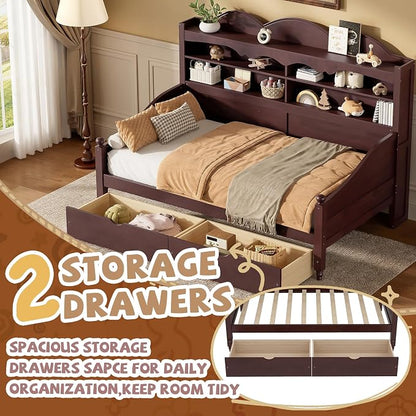 Merax Twin Daybed with Storage Drawers, Wood Twin Day Bed with 3-Tier Storage Headboard Shelves, Retro Style Twin-Size Daybed for Bedroom Guest Room, No Box Spring Needed, Easy Assembly, Espresso