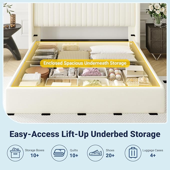 Allewie Queen Size Lift Up Storage Bed Frame, Hydraulic Support System, Upholstered Platform Bed Frame, Underneath Storage, Vertical Channel Tufted Headboard with Wingback, No Box Spring Needed, Cream