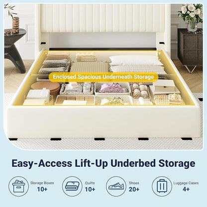 Allewie Queen Size Lift Up Storage Bed Frame, Hydraulic Support System, Upholstered Platform Bed Frame, Underneath Storage, Vertical Channel Tufted Headboard with Wingback, No Box Spring Needed, Cream