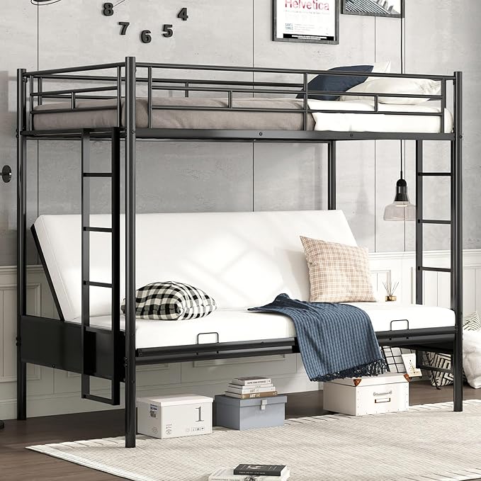 Bellemave Twin Over Futon bunk Bed, loft Bed with futon, Twin Over Full Futon bunk beds, No Box Spring Needed, Black