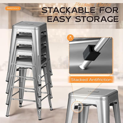 Furmax 24 Inch Metal Bar Stools Set of 4, Counter Height Bar Stools Height High Backless Stools Industrial Stackable Bar Chairs for Dining Room Kitchen Indoor Outdoor Stools Bar Chairs (Sliver)