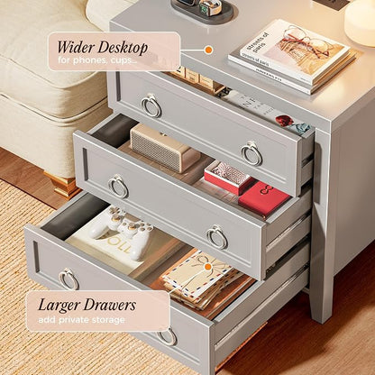 Huuger Paint Night Stand with Charger Station and USB-C Port, 3 Drawer Nightstands Set of 2, Larger Wider Bedside Table, Modern End Table, for Bedroom, Grey Nightstand