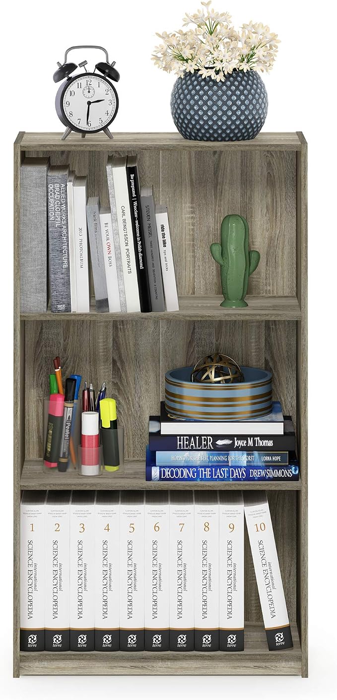 Furinno BASIC Book Shelf, 3-Tier Modern Bookshelf, Bookcase with Open Shelves, 9.3 x 21.8 x 39.5, for Living Room, Bedroom, Home Office, Sonoma Oak
