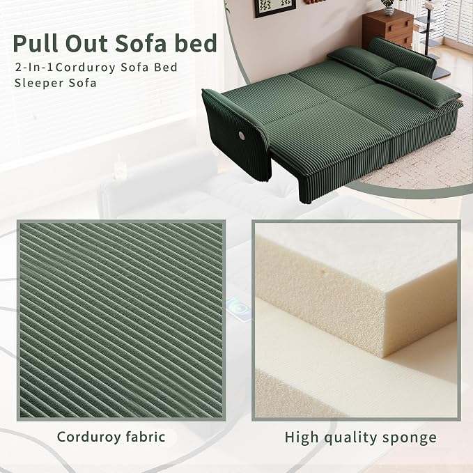 85" Pull Out Sofa Bed Full Size, Pre-Assembled Corduroy Sleeper Sofa, Convertible Loveseat Futon Couch with Storage Ottoman, USB, Pillows, for Apartment, Living Room, Small Spaces, Green