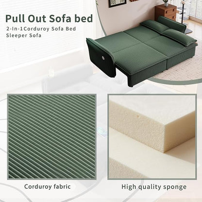 85" Pull Out Sofa Bed Full Size, Pre-Assembled Corduroy Sleeper Sofa, Convertible Loveseat Futon Couch with Storage Ottoman, USB, Pillows, for Apartment, Living Room, Small Spaces, Green