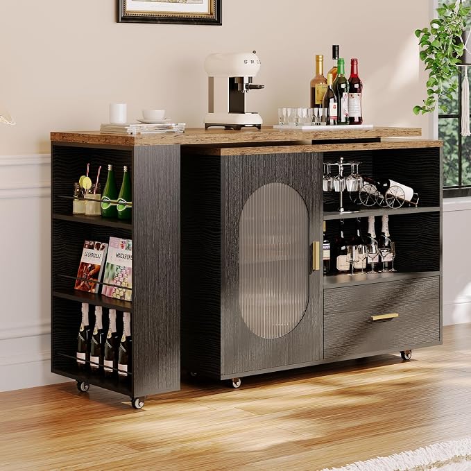 HSH 72" Rustic Kitchen Island with Storage, Mobile Farmhouse Kitchen Island Cart with Cabinet, Drawer & Shelves, Island Table on Wheels for Meal Prep, Dining Room & Home Bar, Rustic Brown & Black Oak