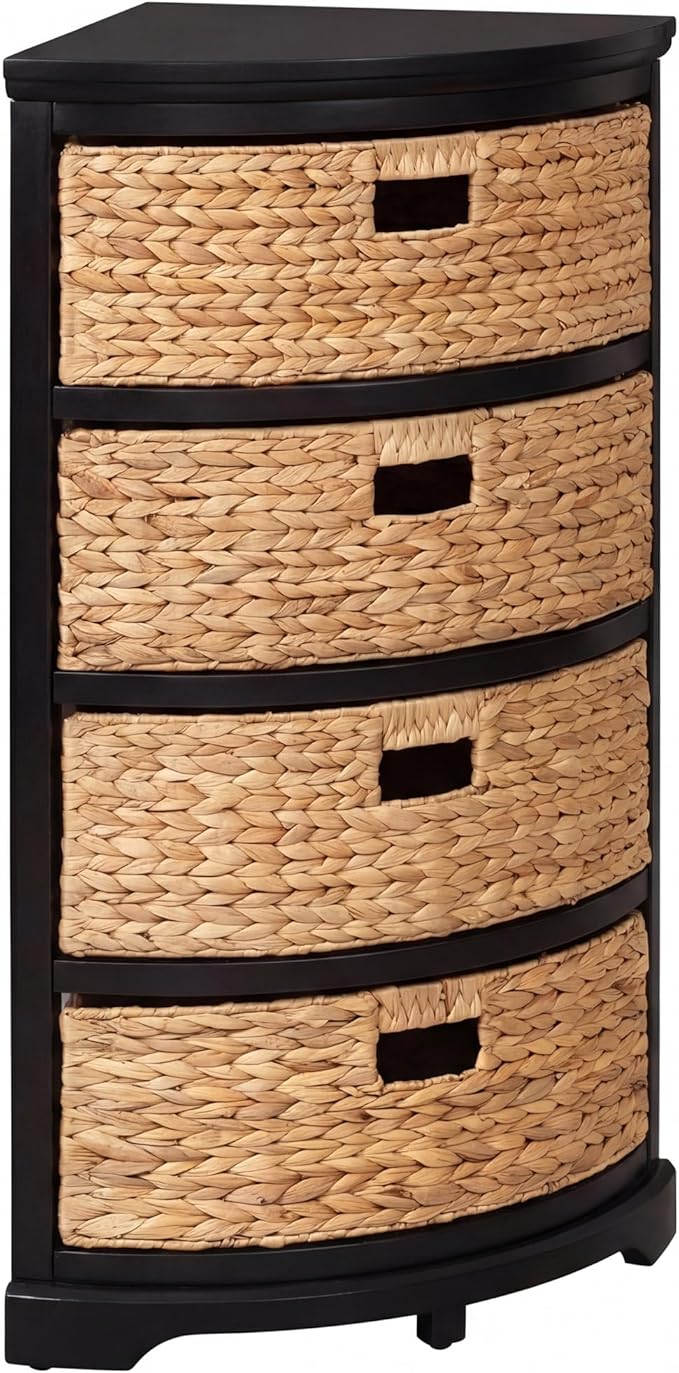 eHemco Hampton Meadows 4 Tier X-Side Corner Table Storage Cabinet with 4 Wicker Baskets, Black