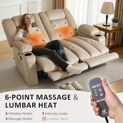 MCombo 55.9" Zero Gravity Power Loveseat Recliner with Heat and Vibration Massage, Reclining Loveseat Sofa with USB Ports, Cup Holders for Living Room, Fabric PR648SET (Beige)