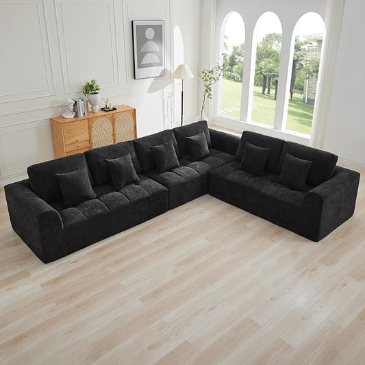 140''Modular Sectional Couches for Living Room, Cloud Boneless Compressed Sectional Sofa, Oversized L Shaped 6 Seater Upholstered Memory Foam Sofa, No Assembly, Chenille Black
