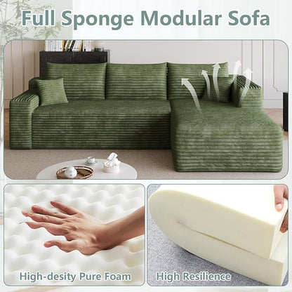 95" Modular Sectional Sofa, Modern Corduroy Cloud Couch with Side Pockets, Boneless Couch Upholstered 3-Seater L-Shaped Sofa for Living Room, No Assembly Required (Green,Right-Facing Chaise)