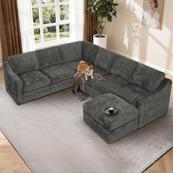 115 Inches Chenille Sectional Sofa with Storage Ottoman, Modern 7 Seats Corner Couch with Deep Seat, Comfy Modular U Shaped Couch with Comfortable Cushions for Living Room, Grey