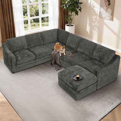 115 Inches Chenille Sectional Sofa with Storage Ottoman, Modern 7 Seats Corner Couch with Deep Seat, Comfy Modular U Shaped Couch with Comfortable Cushions for Living Room, Grey