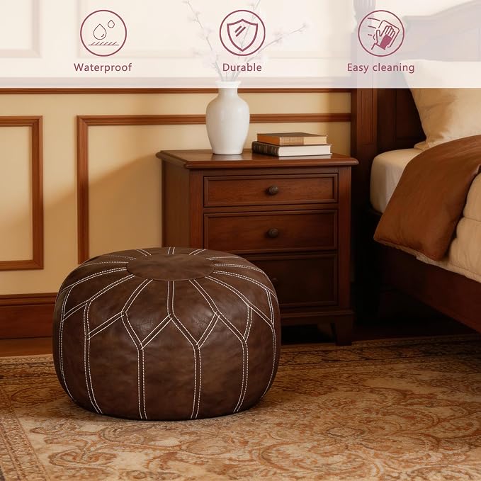 Thgonwid Unstuffed Moroccan Faux Leather Pouf Ottoman Cover with Storage - Boho Chic Multi-Use Footrest for Living Room, Bedroom, Patio - Round Ethnic Floor Cushion & Decorative Accent, Deep Coffee