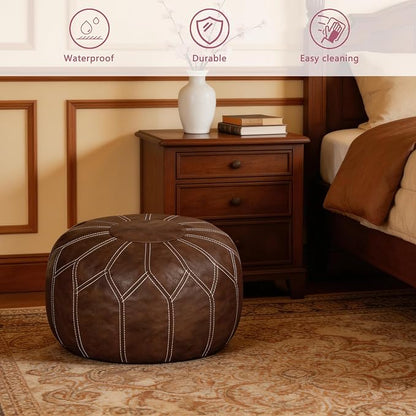 Thgonwid Unstuffed Moroccan Faux Leather Pouf Ottoman Cover with Storage - Boho Chic Multi-Use Footrest for Living Room, Bedroom, Patio - Round Ethnic Floor Cushion & Decorative Accent, Deep Coffee