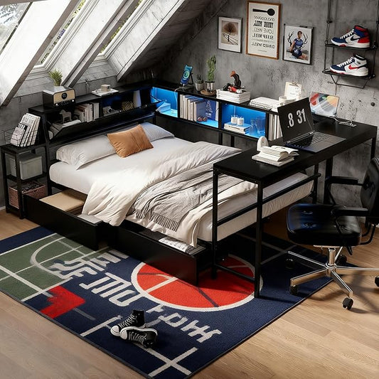 Bellemave Full Size Corner Bed Frame with Storage Drawers, Bookcase and Side Desk, Full Corner Bed with Light and Charging Station, Daybed for Bedroom, Living Room, Guest Room Black