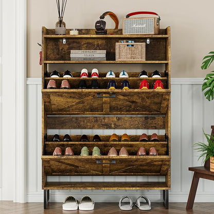 BORNOON Shoe Cabinet with 2 Flip Drawers Narrow Shoe Storage Cabinet Organizer Wooden Freestanding Rack Hidden Slim Storage for Entryway, Hallway, Living Room, Bedroom (Brown)