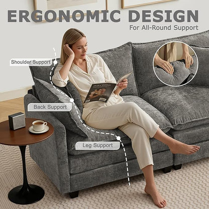 78" Modular Sectional Sofa, Cloud Couch Loveseat Sofa, Deep Seat Washable Chenille Fabric Sofa with Throw Pillows, 2 Seat Modern Couches for Living Room Bedroom Apartment, Grey