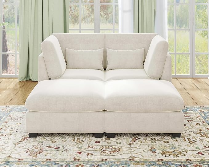 77" Oversized Chenille Couch Modular Sectional Sofa, Washable Cloud Couch Sectional with 2 Ottoman, 4 Seater Sectional Couches for Living Room, Fully Cover Removable, Chaise Lounge, Chenille, White
