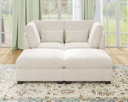 77" Oversized Chenille Couch Modular Sectional Sofa, Washable Cloud Couch Sectional with 2 Ottoman, 4 Seater Sectional Couches for Living Room, Fully Cover Removable, Chaise Lounge, Chenille, White