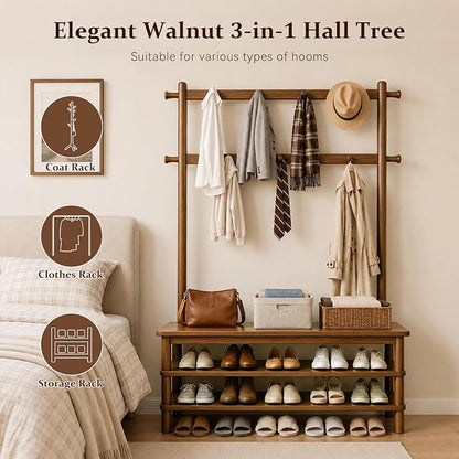 Hall Tree with Shoe Storage Bench, 3-in-1 Entryway Coat Rack with Bench, 11 Hooks, Freestanding Wooden Entryway Organizer for Mudroom, 35" Long