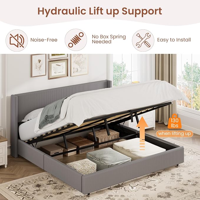 Garvee King Lift Up Storage Bed Frame, Corduroy Upholstered Platform Bed with Gas Lift, Padded Headboard, Wooden Slat Support, No Box Spring Needed, Easy Assembly, Taupe Grey