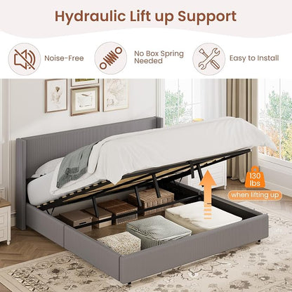 Garvee King Lift Up Storage Bed Frame, Corduroy Upholstered Platform Bed with Gas Lift, Padded Headboard, Wooden Slat Support, No Box Spring Needed, Easy Assembly, Taupe Grey