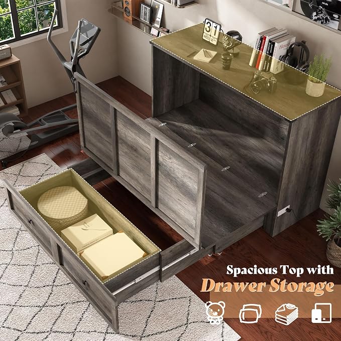AMERLIFE Queen Murphy Bed with Storage & Charging Station, Farmhouse Murphy Cabinet with Foldable Panel, Noisy Free, for Living Room, Guest Bedroom, Office, Rustic Grey