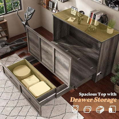 AMERLIFE Queen Murphy Bed with Storage & Charging Station, Farmhouse Murphy Cabinet with Foldable Panel, Noisy Free, for Living Room, Guest Bedroom, Office, Rustic Grey