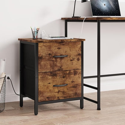 Vagusicc Nightstand Set of 2 with Charging Station, End Table Bedside Table with Power Outlet & USB Ports, Side Table with 2 Fabric Drawers for Bedroom, Living Room, Rustic Brown