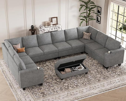 Belffin Oversized U Shaped Modular Sectional Couches for Living Room 10 Seater Modular Sofa Set with Storage Ottoman Large Sectional Couch with Cup Holder. Light Grey Sofa