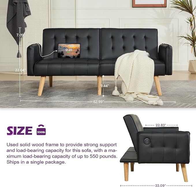TYBOATLE Faux Leather Convertible 65'' Folding Futon Sofa Bed w/ 2 USB, Loveseat for Small Space, Apartment, Dorm, Living Room, Office, Black