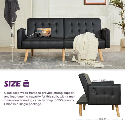 TYBOATLE Faux Leather Convertible 65'' Folding Futon Sofa Bed w/ 2 USB, Loveseat for Small Space, Apartment, Dorm, Living Room, Office, Black