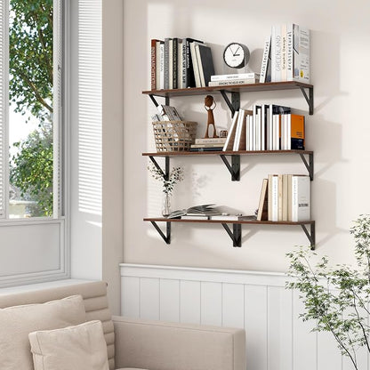 Axeman Floating Shelves | 8 Inch Deep Walnut Wall Shelves Set of 2 | 16W x 8D Rustic Wood Shelves for Bookshelf Living Room Bedroom Home Office Bathroom