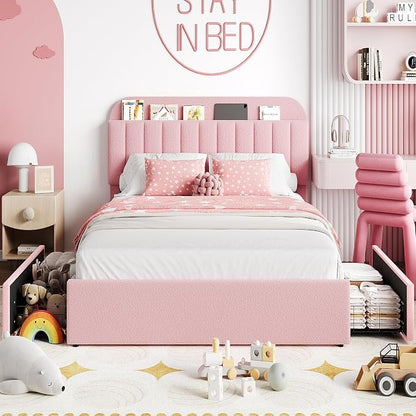 IDEALHOUSE Full Bed Frame with 2 Flexible Drawers and Bookcase Headboard, Boucle Upholstered Platform Bed for Girls, Noise-Free, Easy Assembly, No Box Spring Needed, Pink