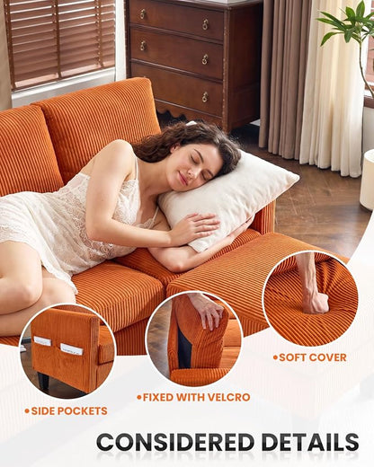 Karl home 67" Small Sectional Couch L Shaped Sofa, Orange | Movable Storage Ottoman, Corduroy Upholstered, Sofa Chaise, Side Pockets 5.9" Sofa Legs for Living Room, Apartment, Studio